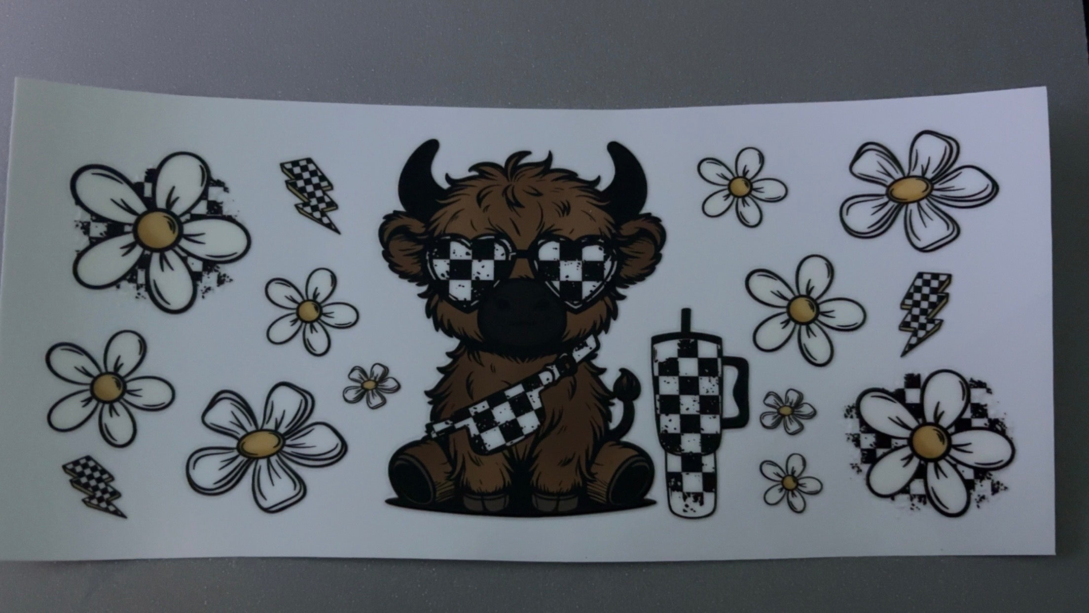 Cow, checkered glasses, checkered stanley, flowers