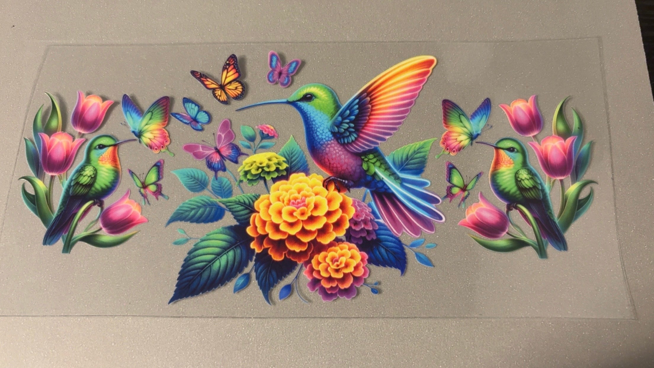 Hummingbirds, flowers, butterflies