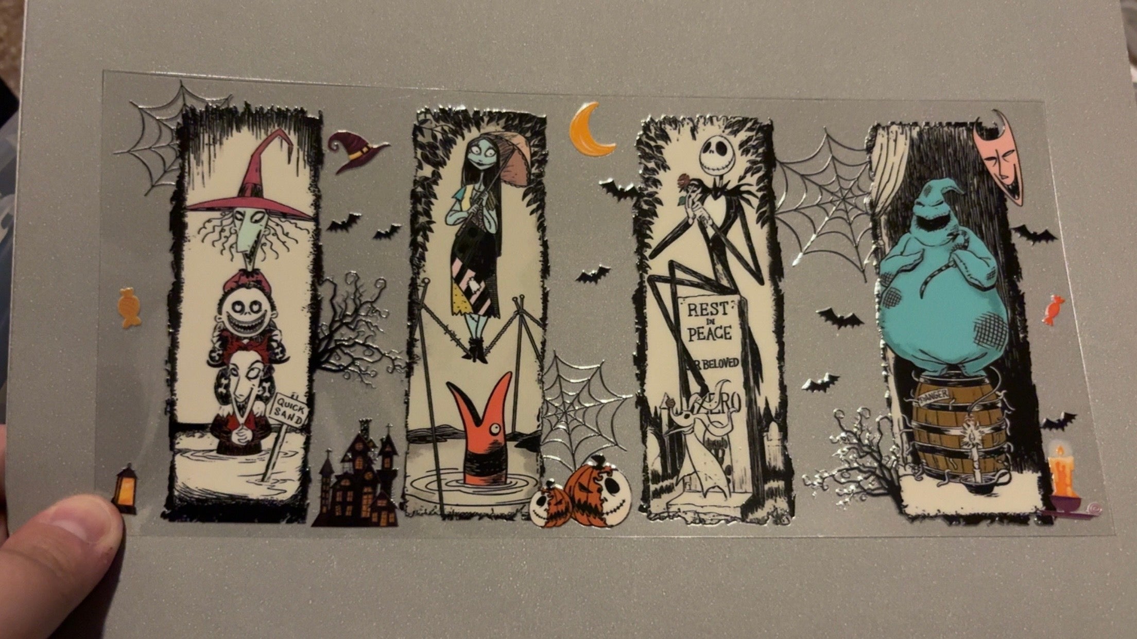 Trio of kids, sally, jack, teal oogie boogie, bats, spiderwebs