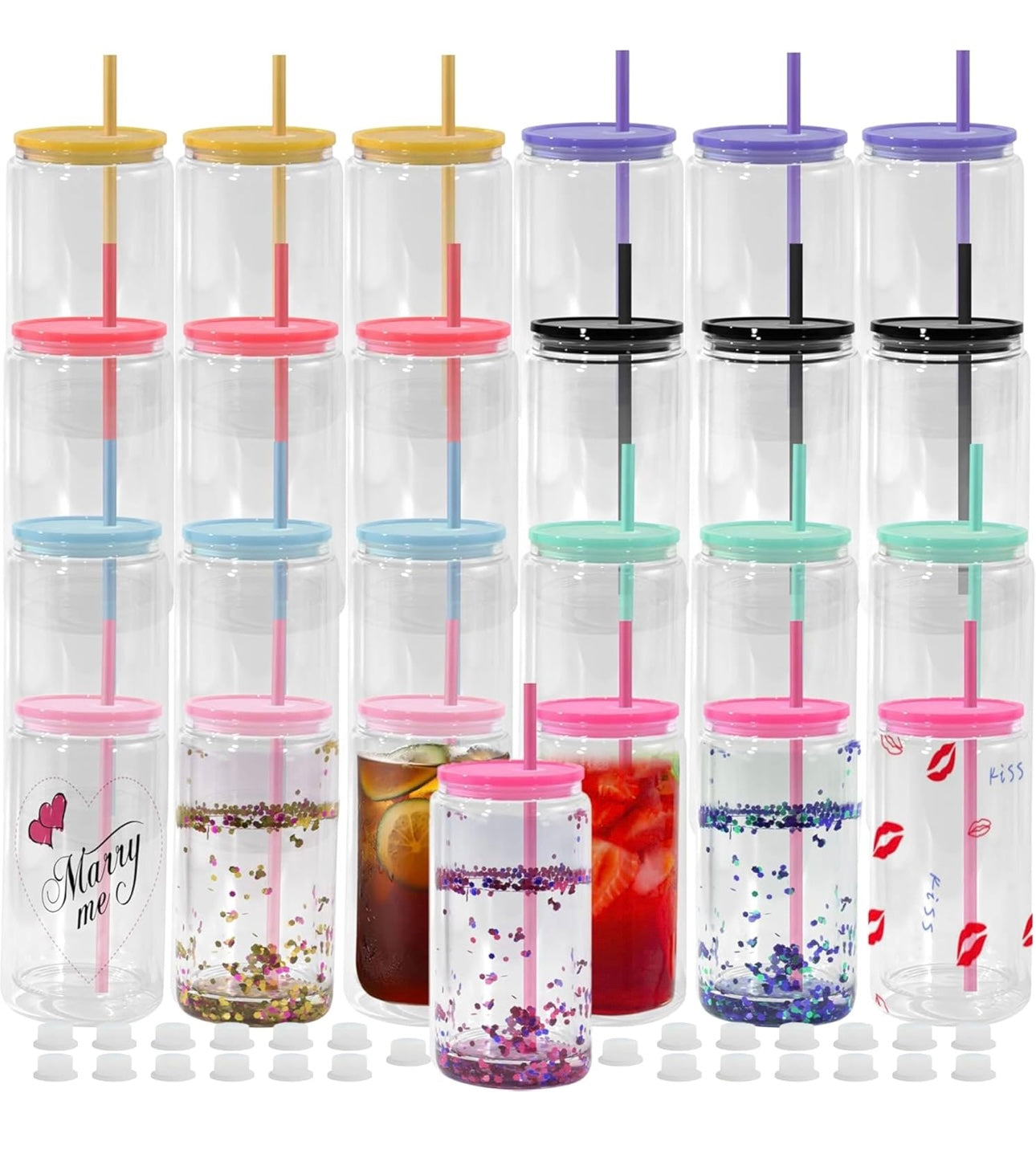 16 ounce glass with colored lid and straw